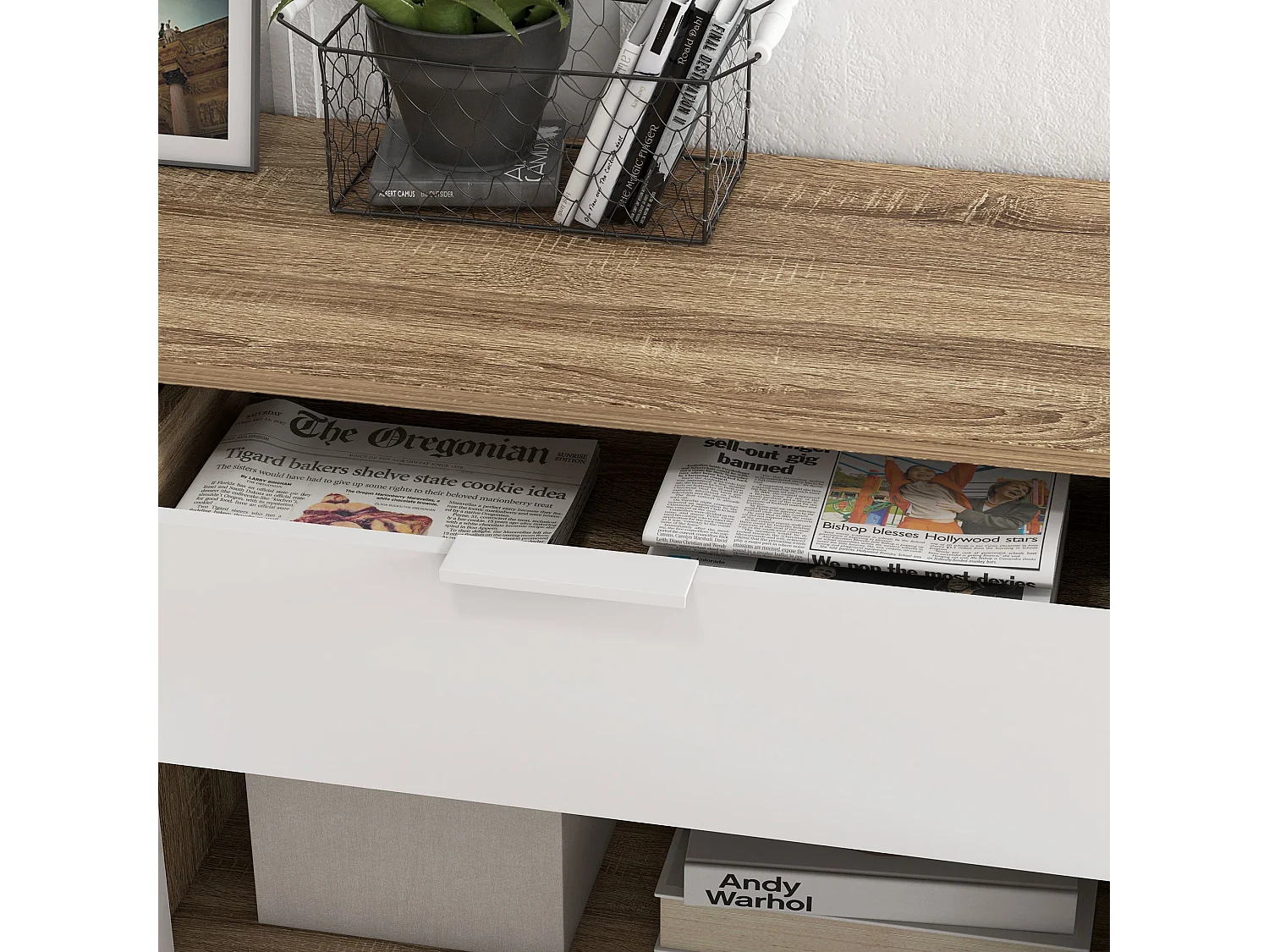 Mobile multiuso con 3 ripiani aperti armadietto e cassetto