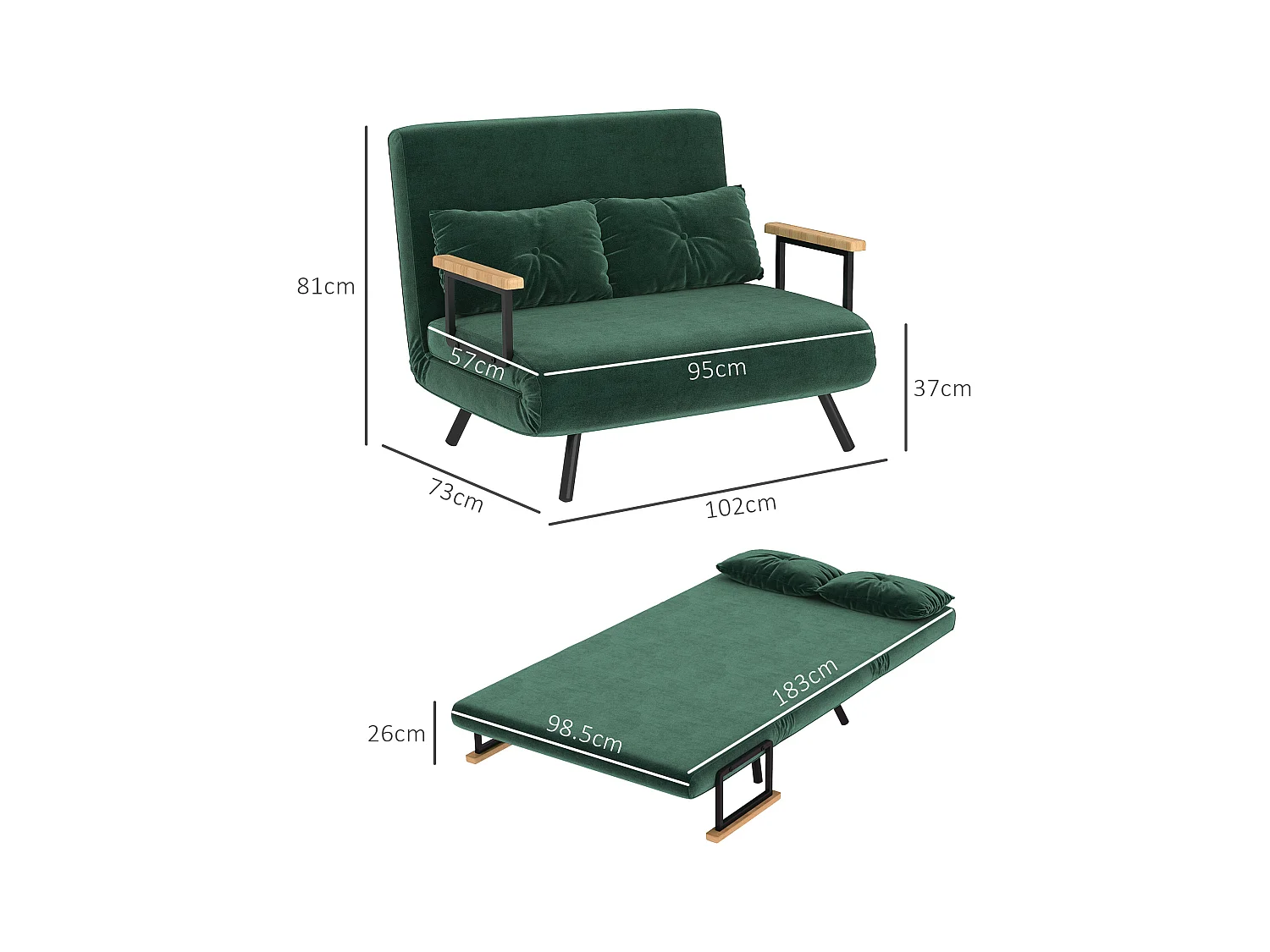 Divano letto vellutato con schienale regolabile su 5 livelli verde