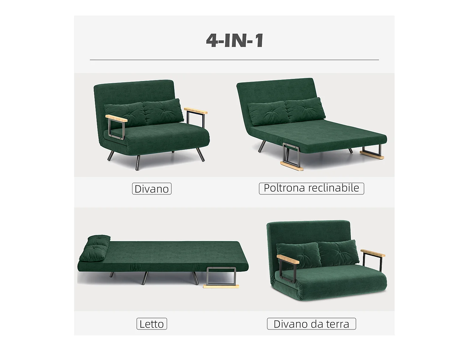 Divano letto vellutato con schienale regolabile su 5 livelli verde