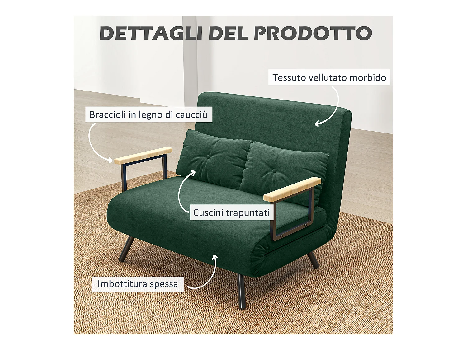 Divano letto vellutato con schienale regolabile su 5 livelli verde