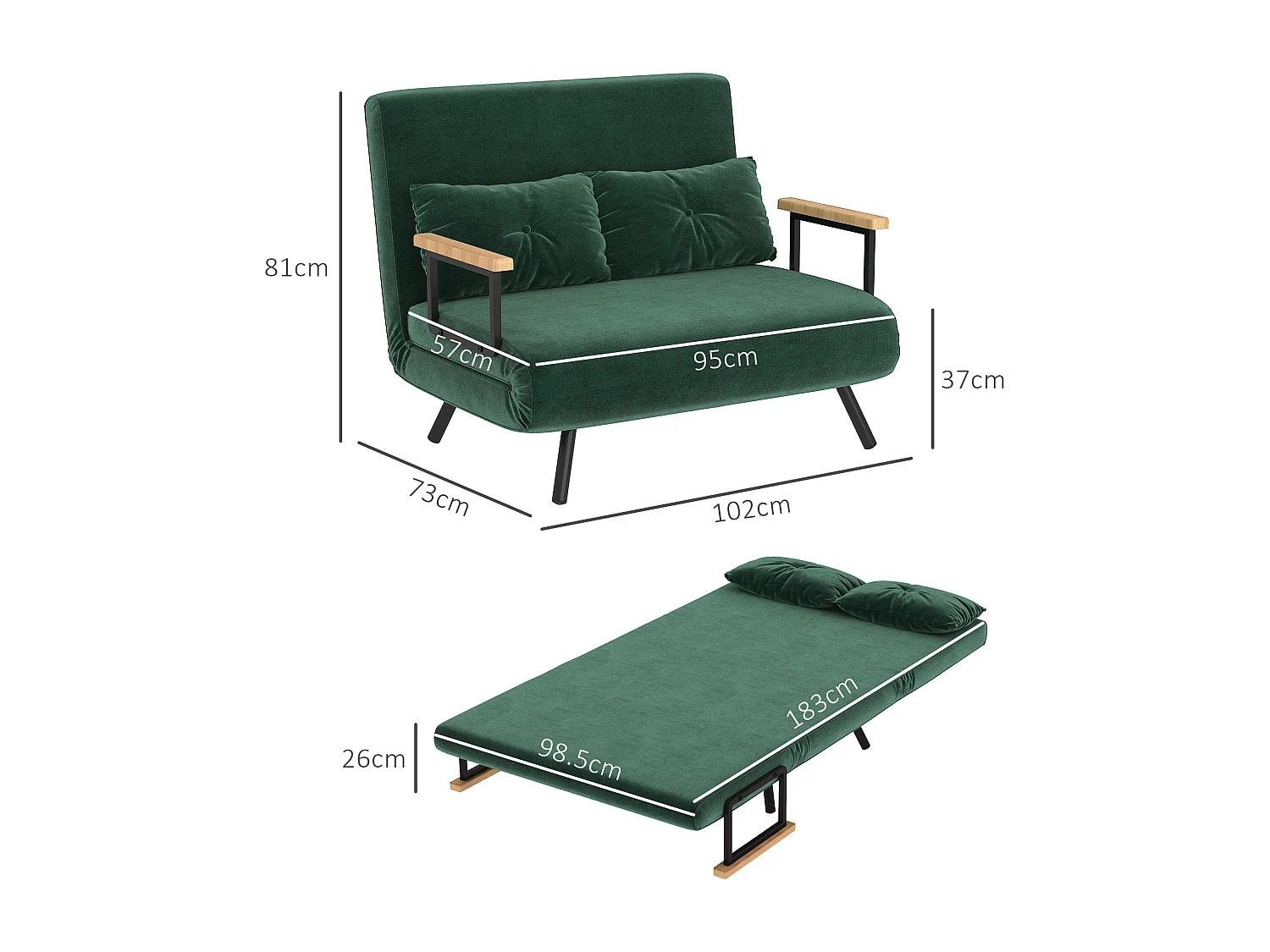 Divano letto vellutato con schienale regolabile su 5 livelli verde