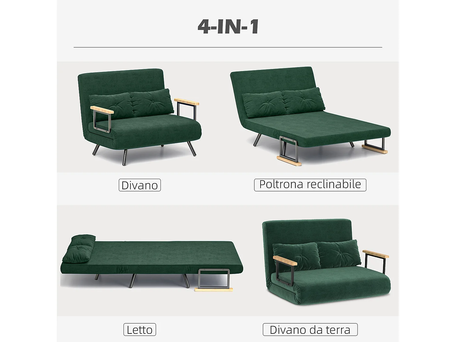 Divano letto vellutato con schienale regolabile su 5 livelli verde