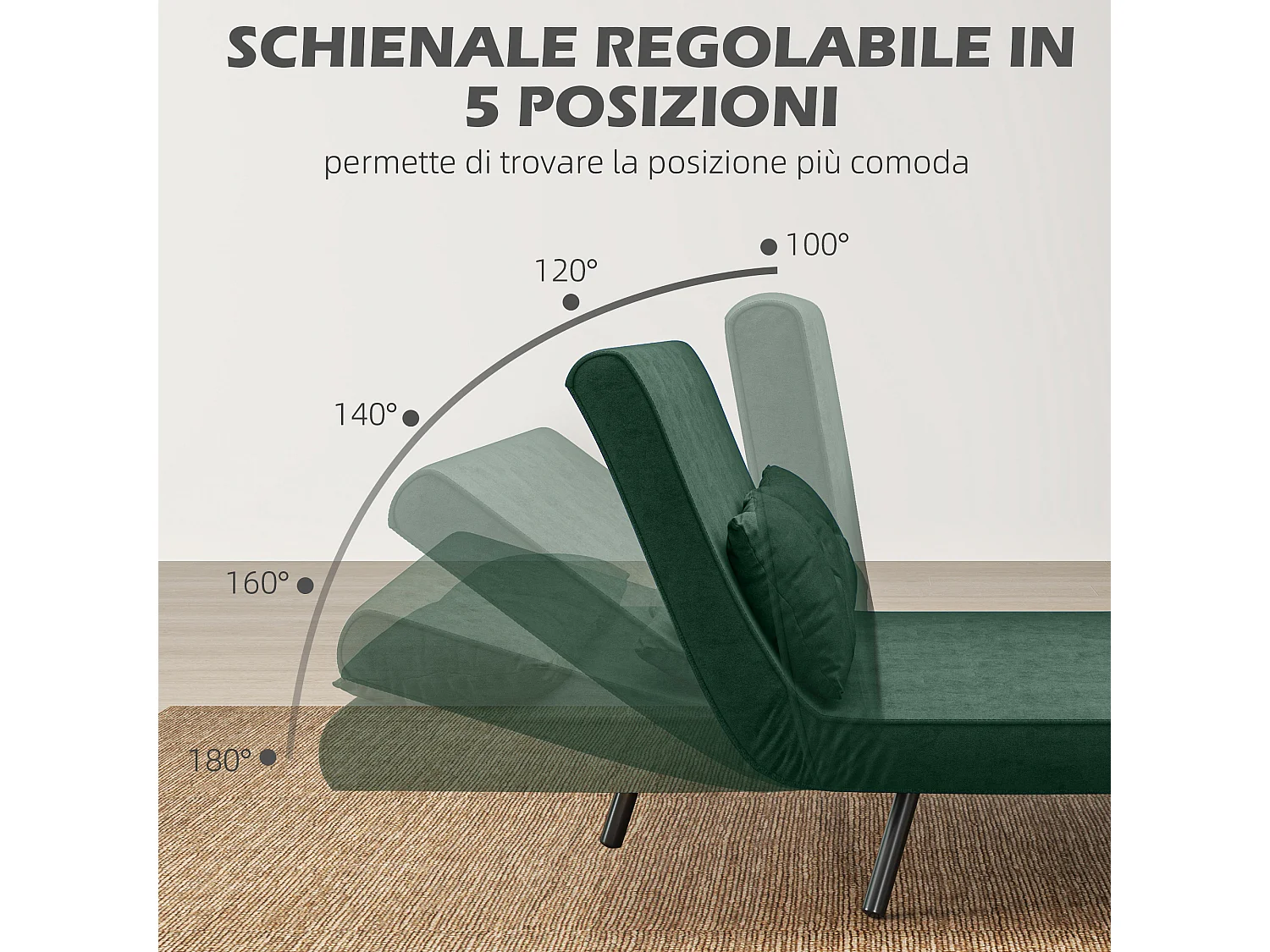 Divano letto vellutato con schienale regolabile su 5 livelli verde