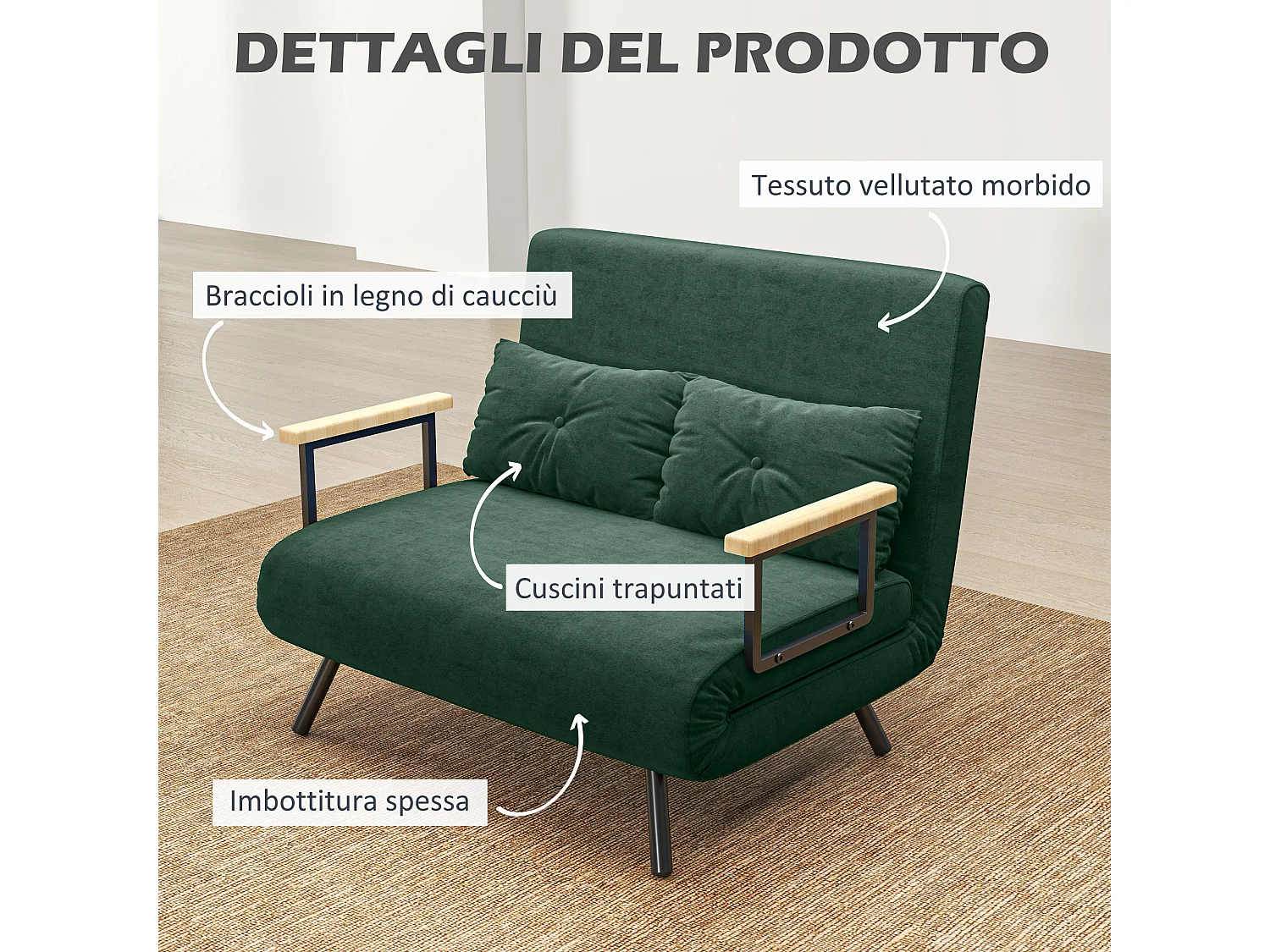 Divano letto vellutato con schienale regolabile su 5 livelli verde