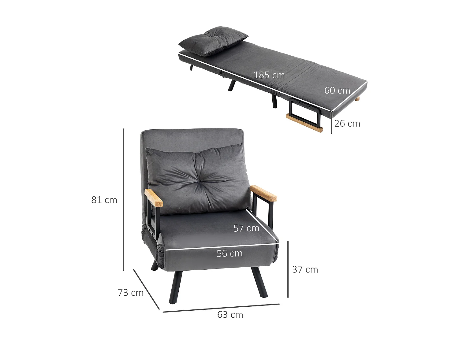 Poltrona letto singolo 3 in 1 con schienale reclinabile grigio scuro