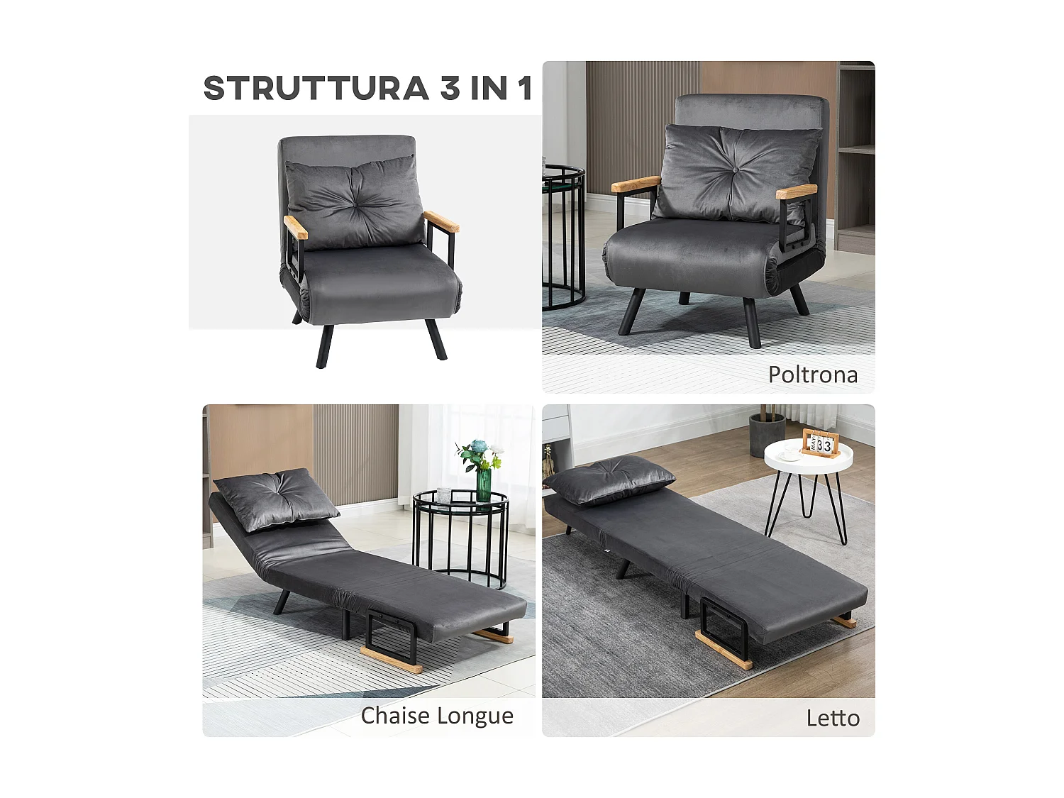 Poltrona letto singolo 3 in 1 con schienale reclinabile grigio scuro
