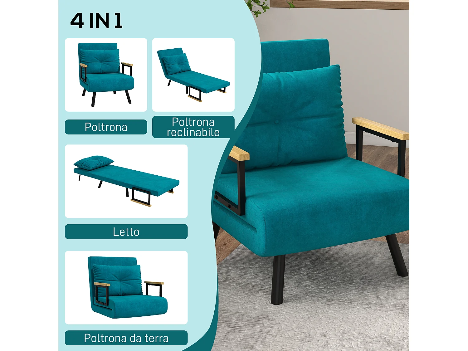 Poltrona letto singolo 3 in 1 con schienale reclinabile blu scuro