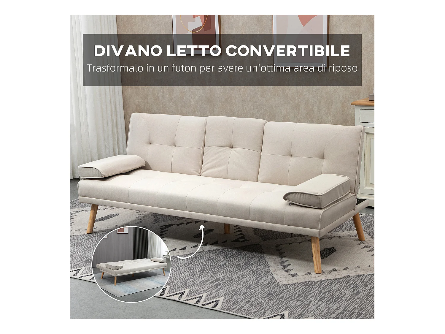 Divano letto 3  posti reclinabile con tavolino a ribalta beige