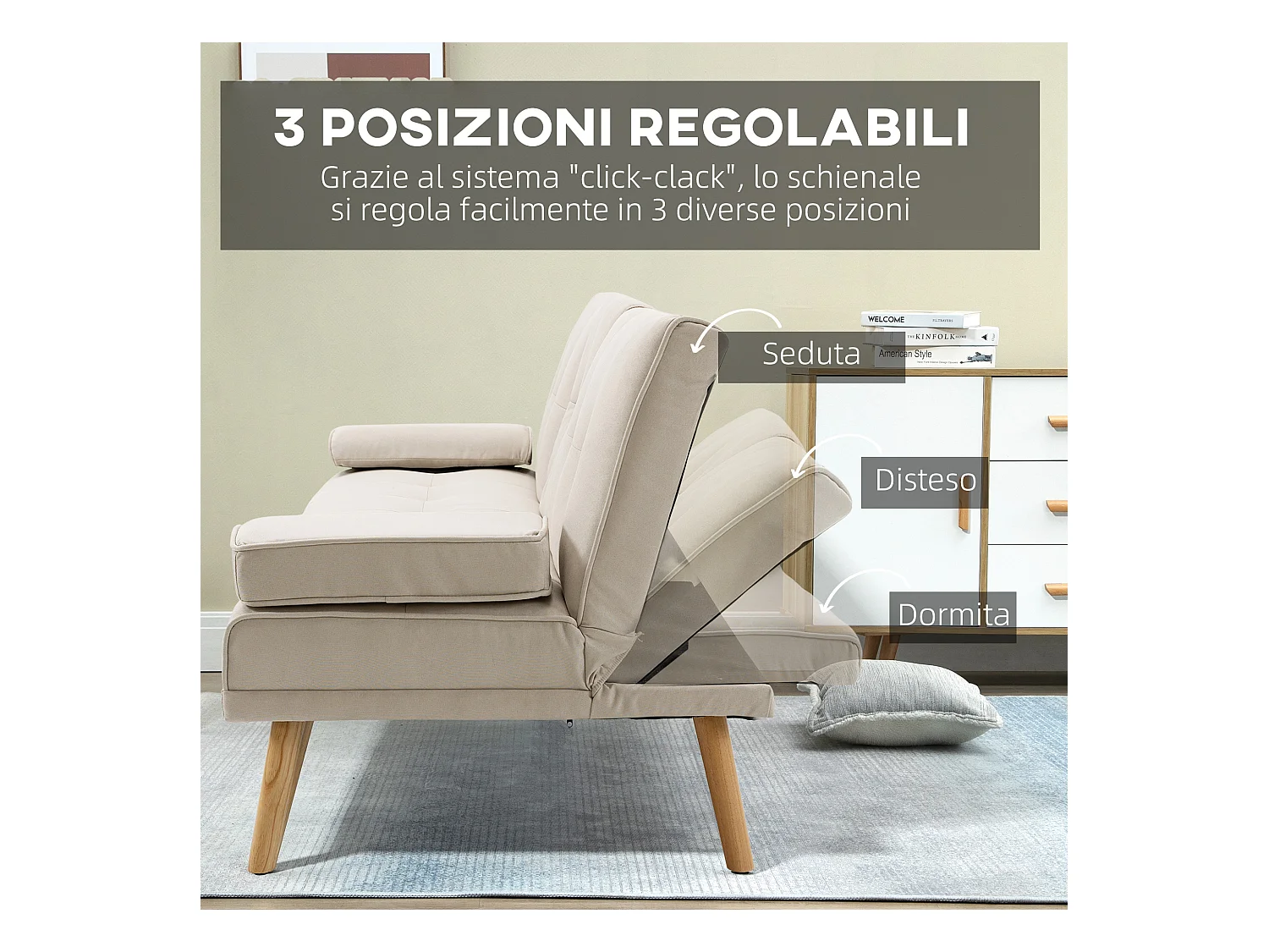 Divano letto 3  posti reclinabile con tavolino a ribalta beige
