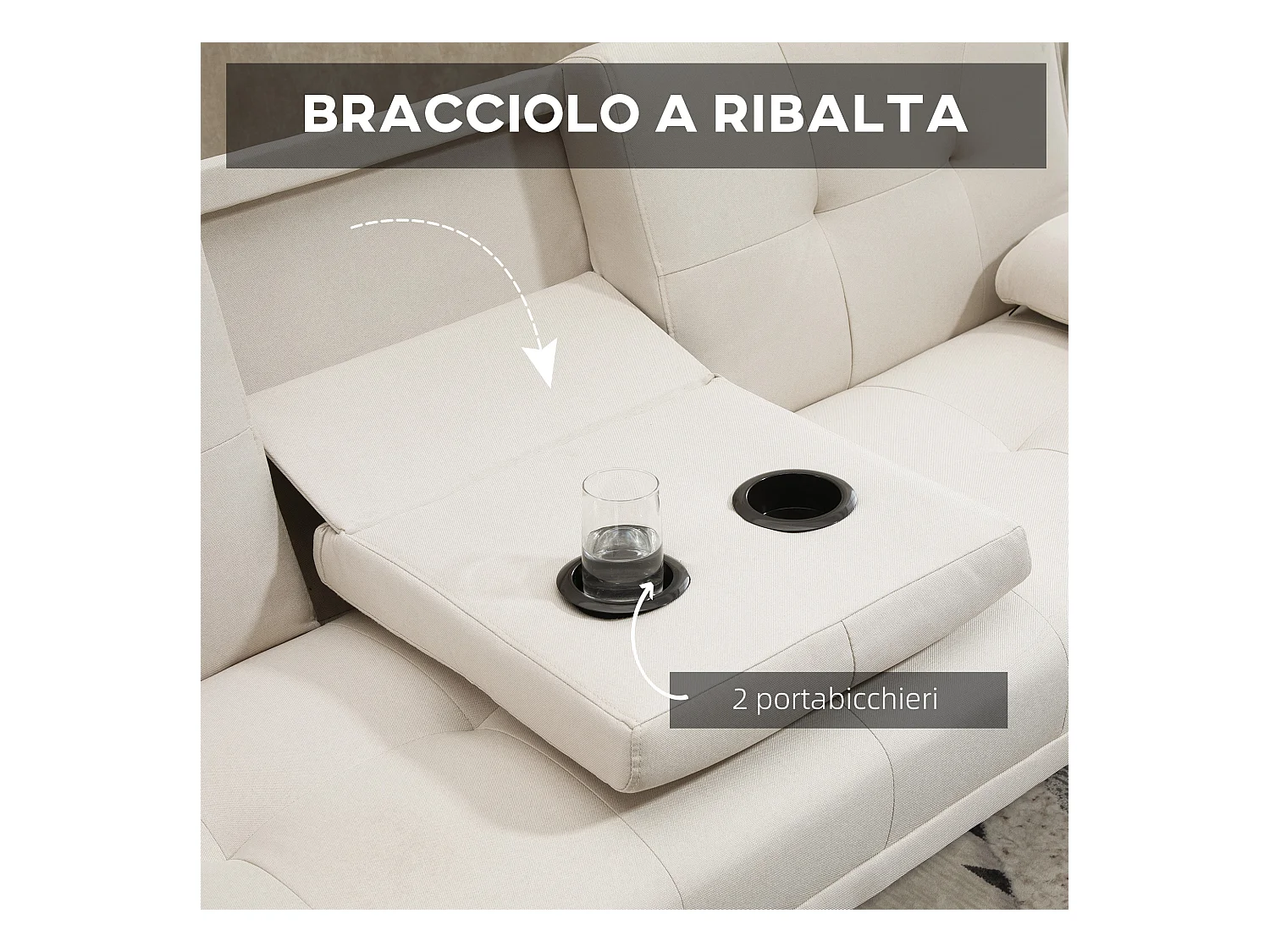 Divano letto 3  posti reclinabile con tavolino a ribalta beige