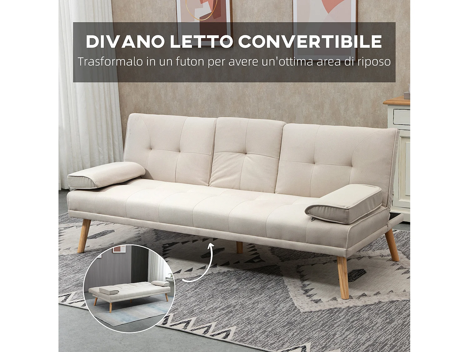 Divano letto 3  posti reclinabile con tavolino a ribalta beige
