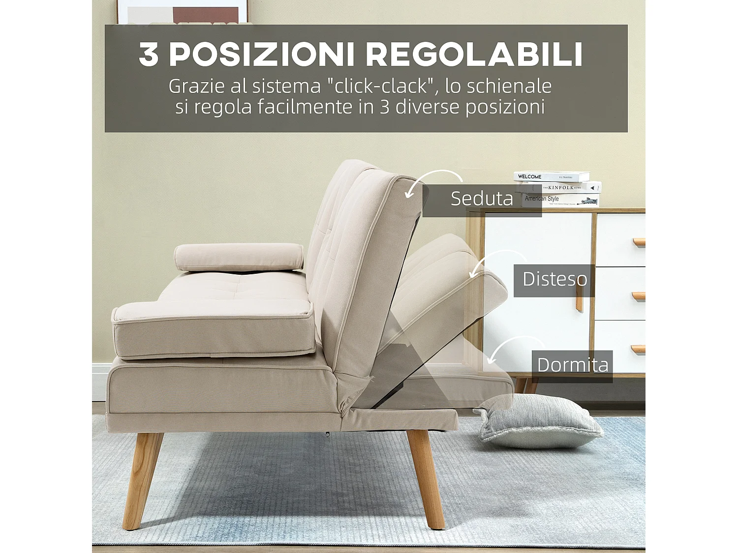 Divano letto 3  posti reclinabile con tavolino a ribalta beige