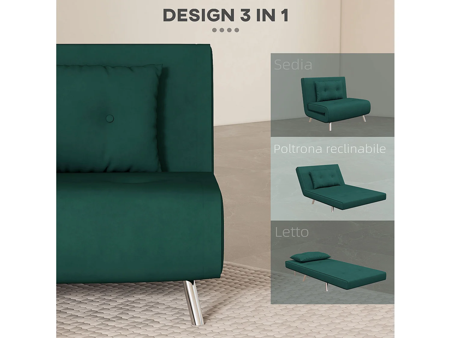 Poltroncina letto singolo 3 in 1 reclinabile a 3 livelli in velluto