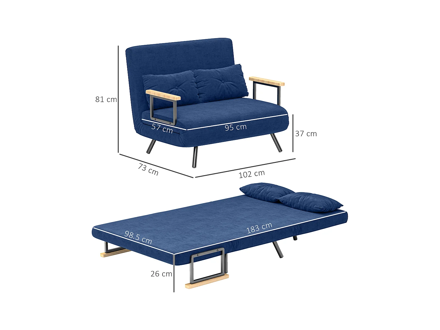 Divano letto 3 in 1 vellutato con schienale regolabile 5 livelli blu