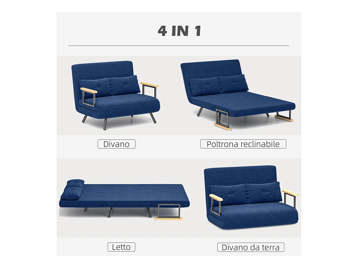 Divano letto 3 in 1 vellutato con schienale regolabile 5 livelli blu