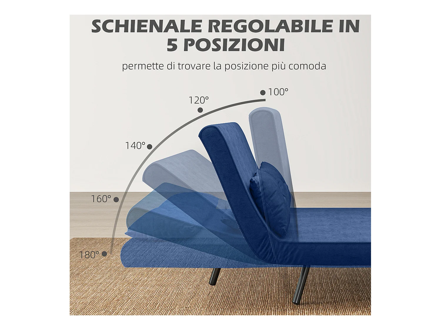 Divano letto 3 in 1 vellutato con schienale regolabile 5 livelli blu