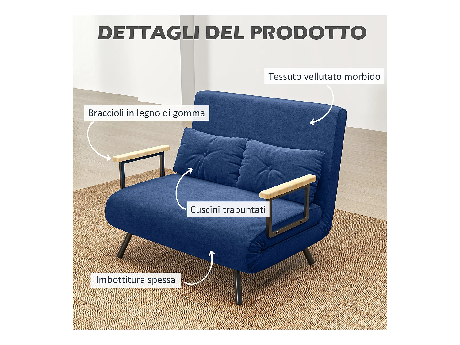 Divano letto 3 in 1 vellutato con schienale regolabile 5 livelli blu