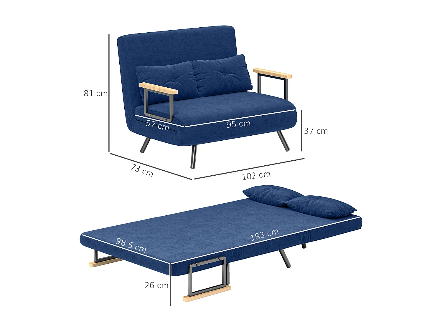 Divano letto 3 in 1 vellutato con schienale regolabile 5 livelli blu