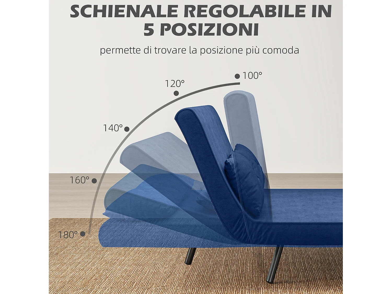 Divano letto 3 in 1 vellutato con schienale regolabile 5 livelli blu