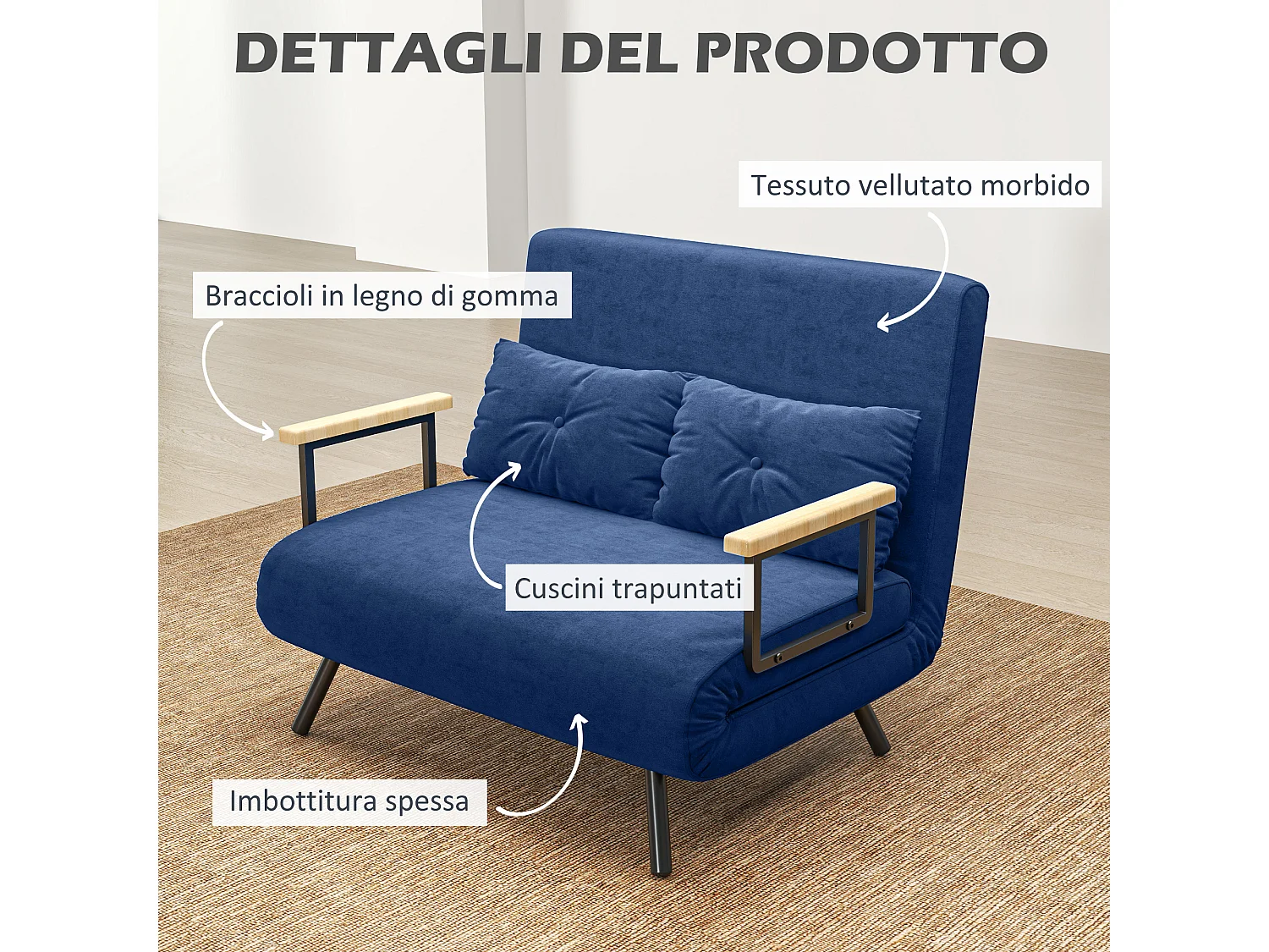 Divano letto 3 in 1 vellutato con schienale regolabile 5 livelli blu