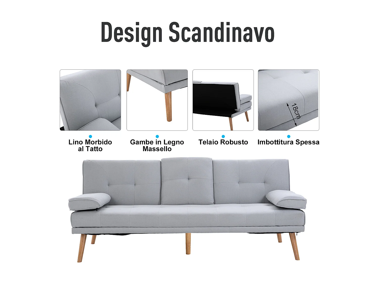 Divano letto 3  posti stile nordico reclinabile con tavolino