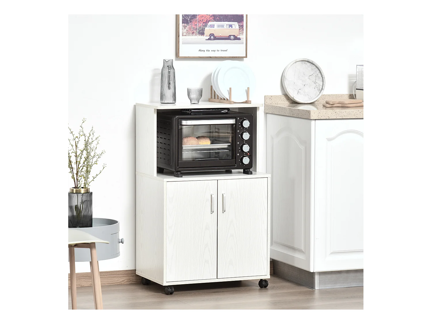 Mobiletto cucina per microonde con armadietto e ruote in legno