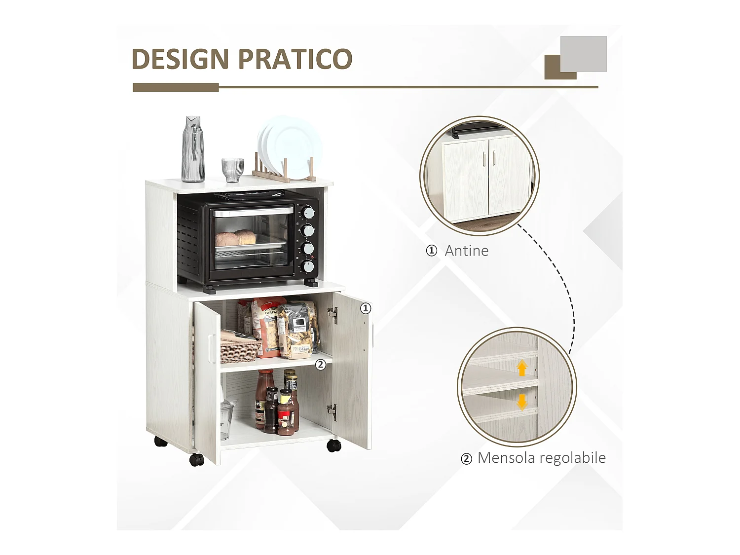 Mobiletto cucina per microonde con armadietto e ruote in legno