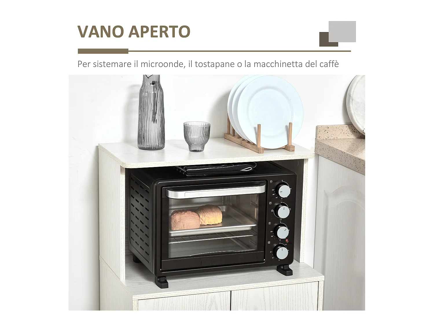 Mobiletto cucina per microonde con armadietto e ruote in legno