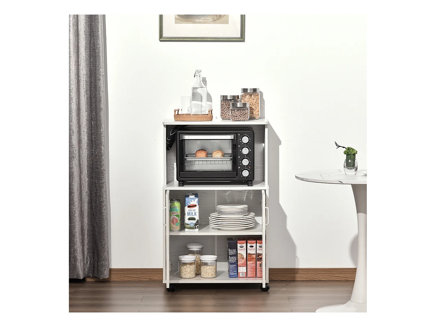 Mobiletto cucina per microonde con armadietto e ruote in legno