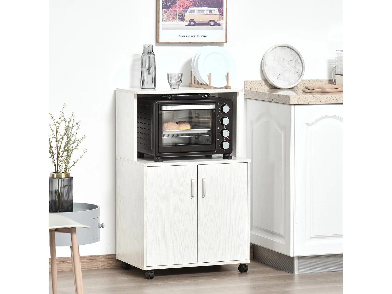 Mobiletto cucina per microonde con armadietto e ruote in legno