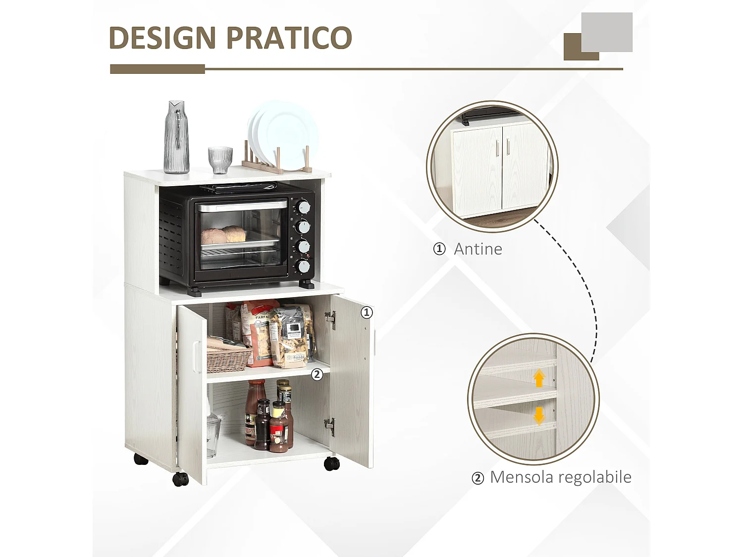 Mobiletto cucina per microonde con armadietto e ruote in legno