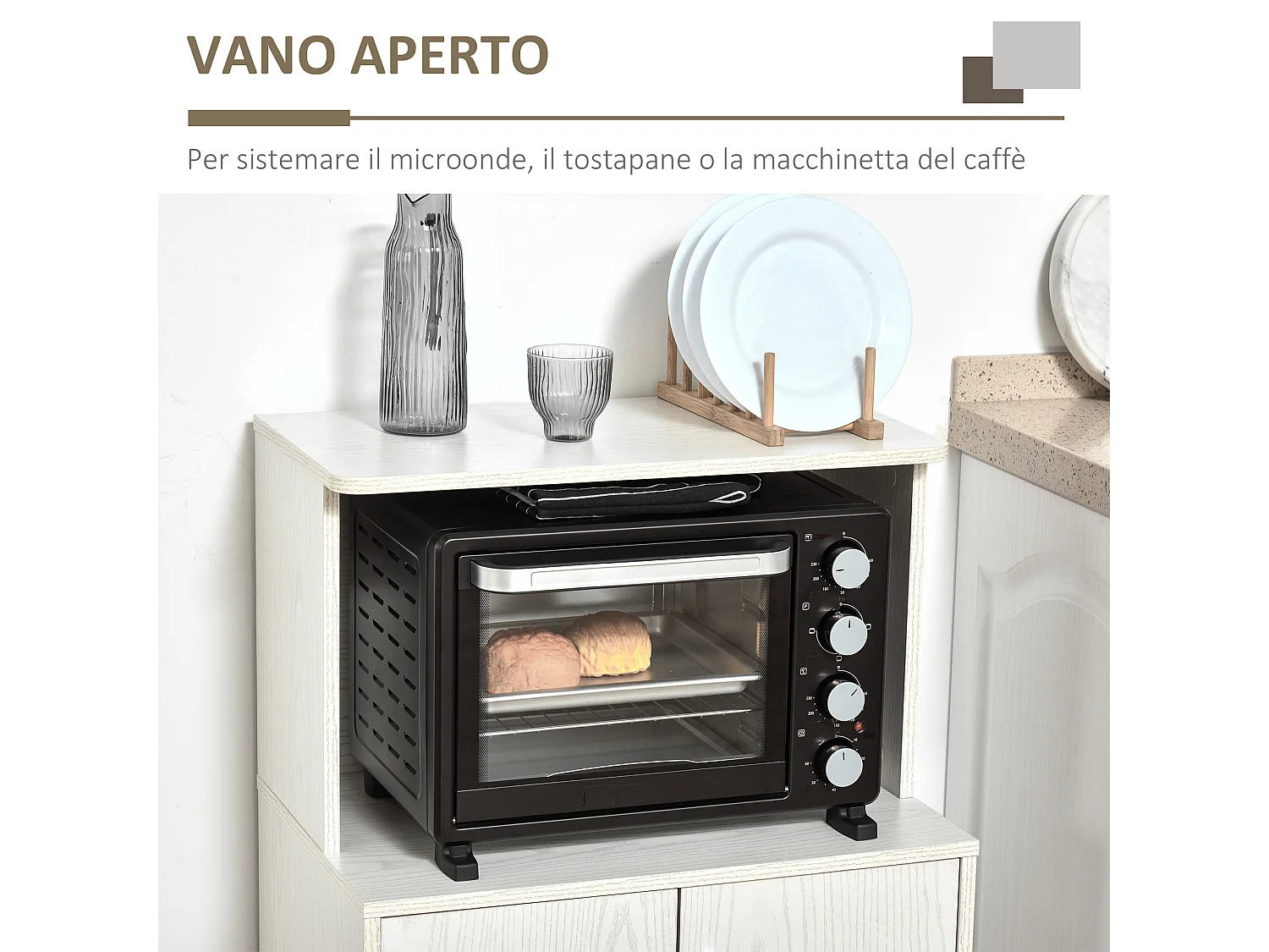 Mobiletto cucina per microonde con armadietto e ruote in legno