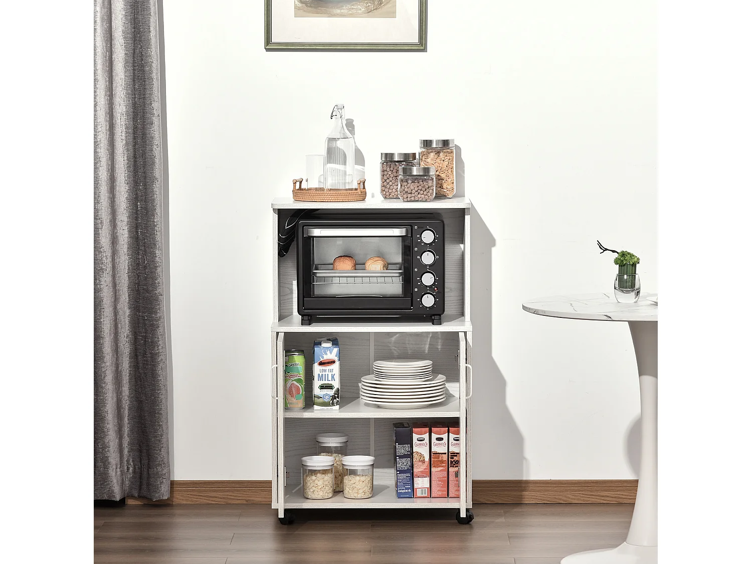 Mobiletto cucina per microonde con armadietto e ruote in legno