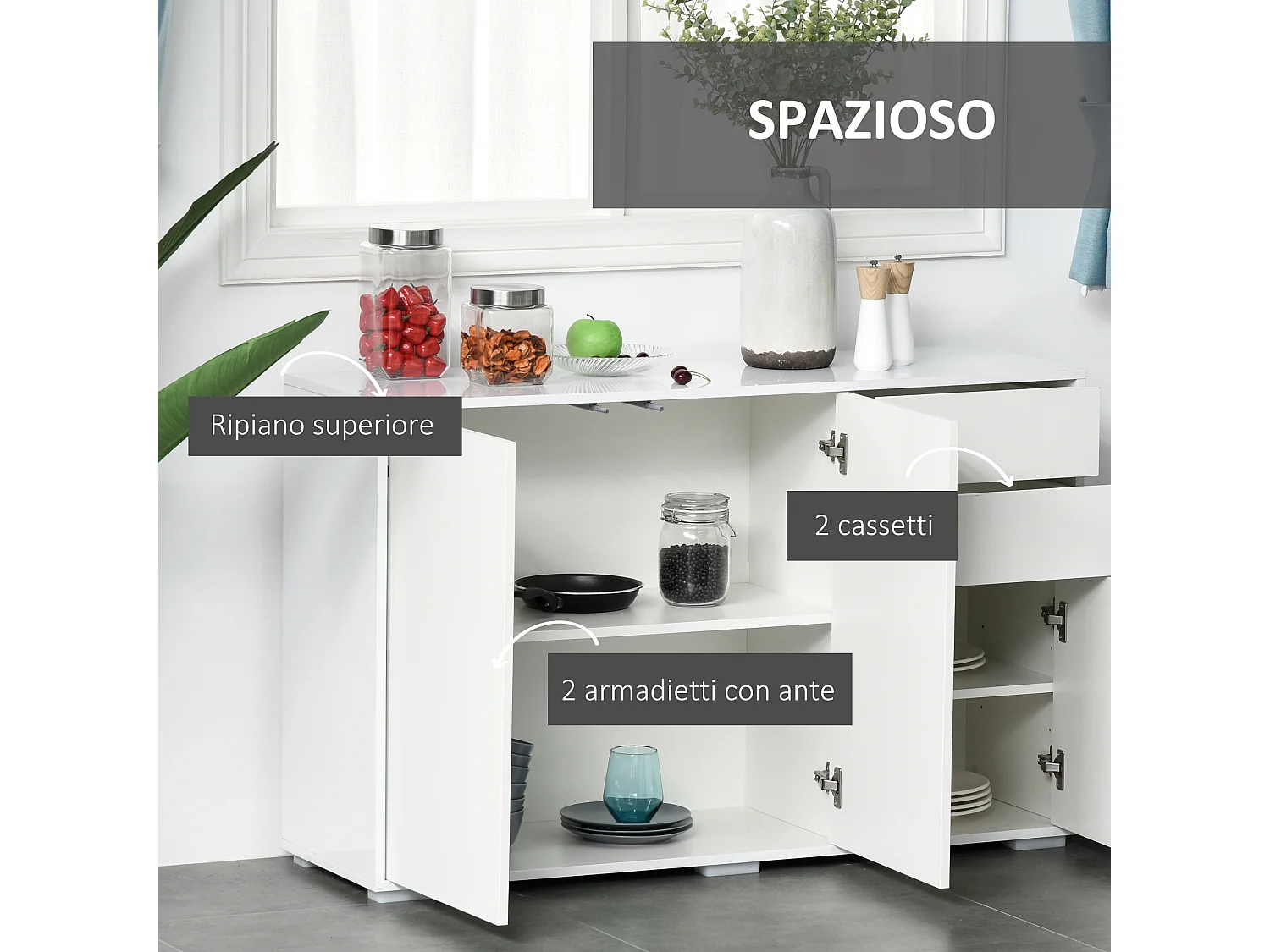 Mobiletto multiuso 2 cassetti 2 armadietti apertura a pressione