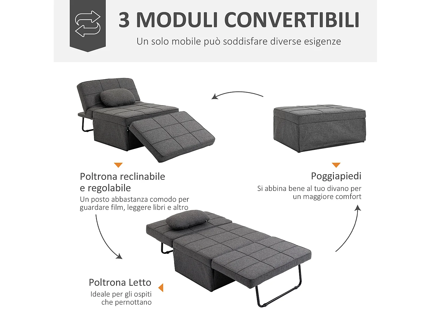 Poltrona letto 3 in 1 con schienale regolabile e cuscino grigio
