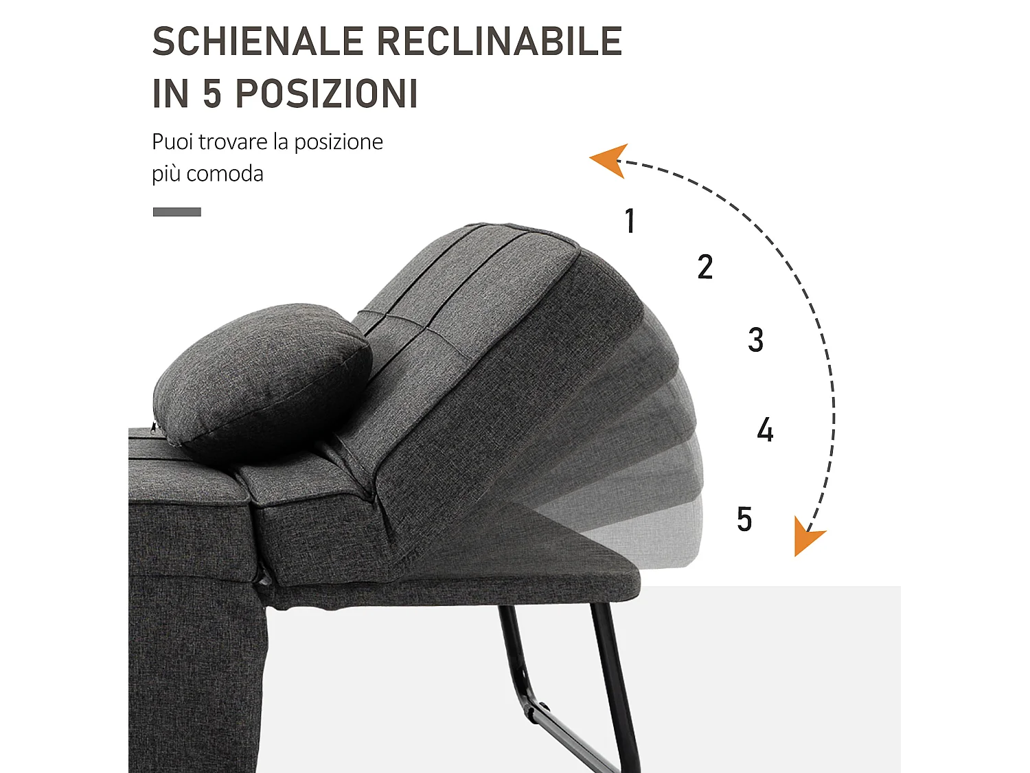 Poltrona letto 3 in 1 con schienale regolabile e cuscino grigio