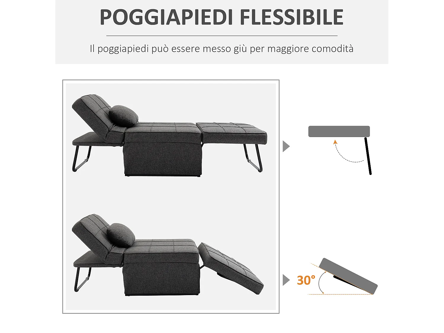 Poltrona letto 3 in 1 con schienale regolabile e cuscino grigio