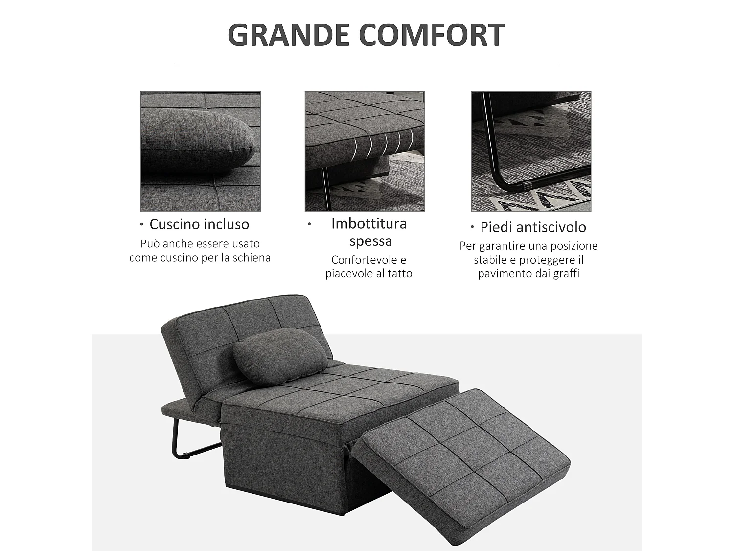 Poltrona letto 3 in 1 con schienale regolabile e cuscino grigio