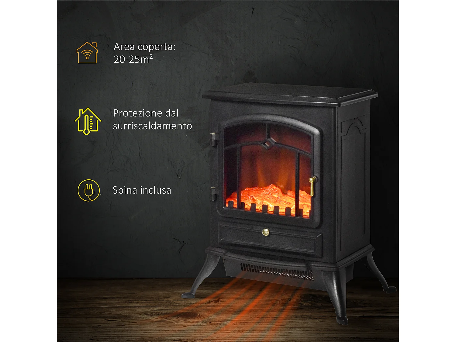 Camino elettrico da terra con effetto fiamma in abs e vetro