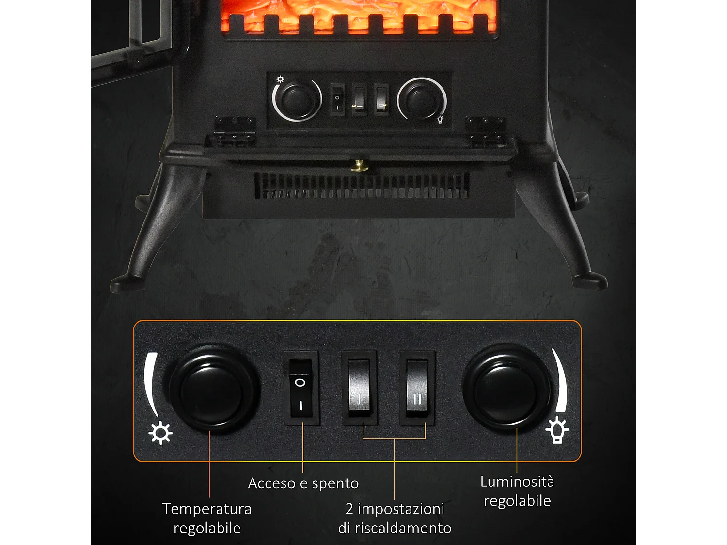 Camino elettrico da terra con effetto fiamma in abs e vetro