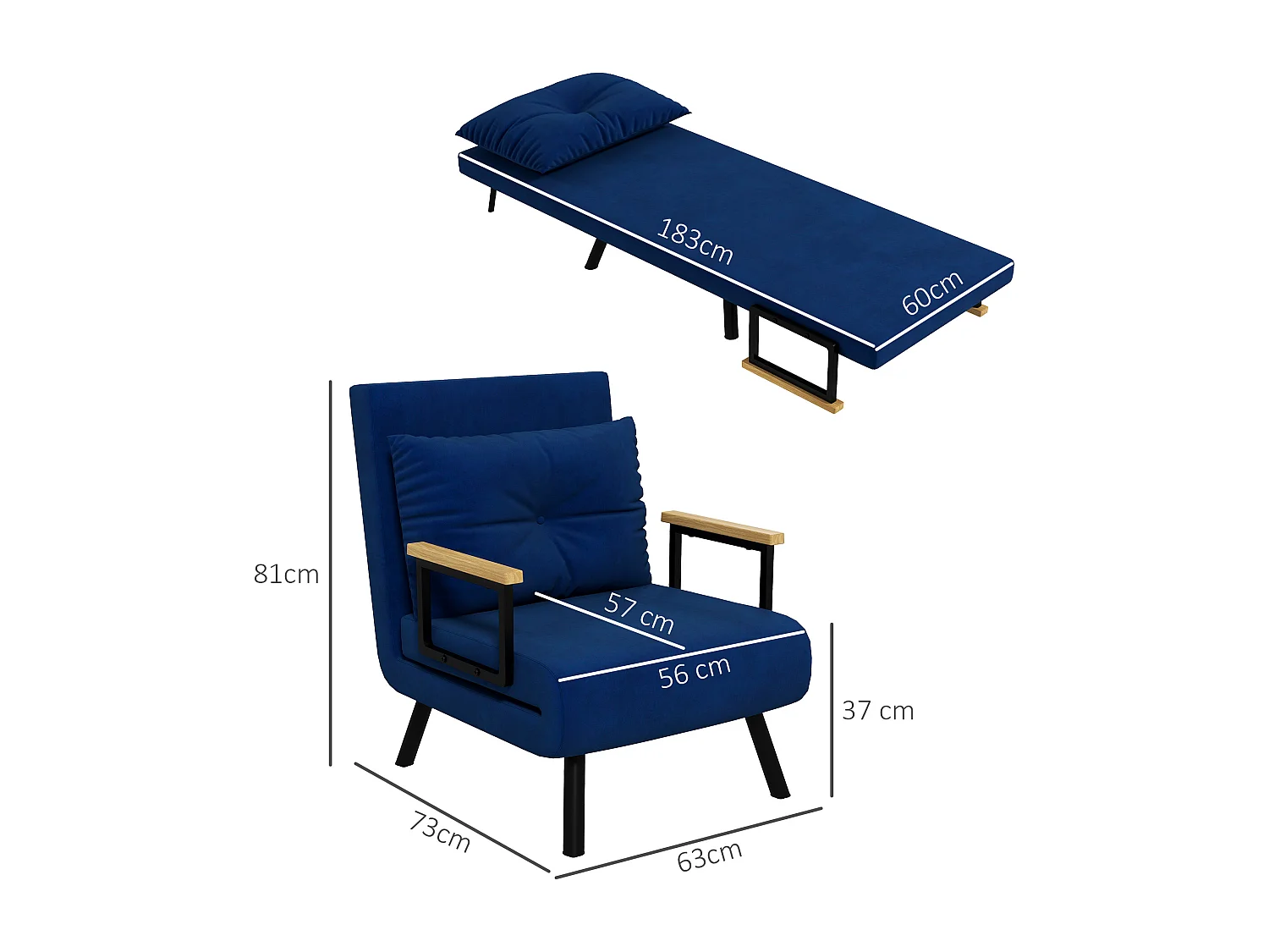Poltrona letto 3 in 1 reclinabile con cuscino blu