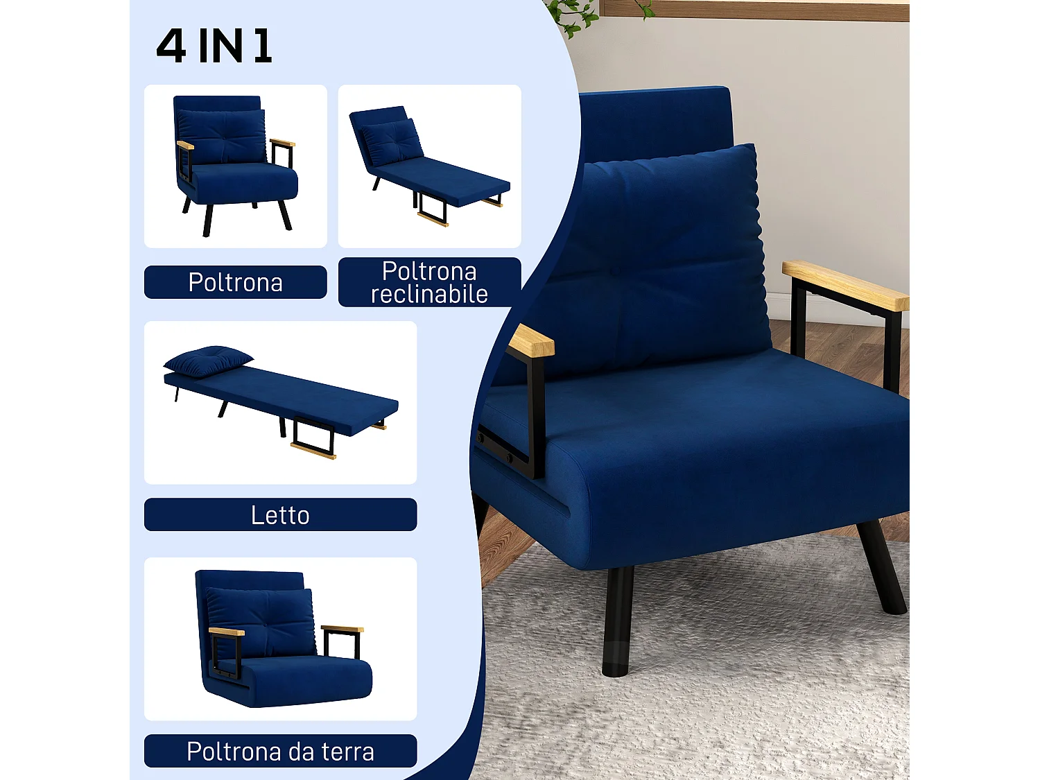 Poltrona letto 3 in 1 reclinabile con cuscino blu