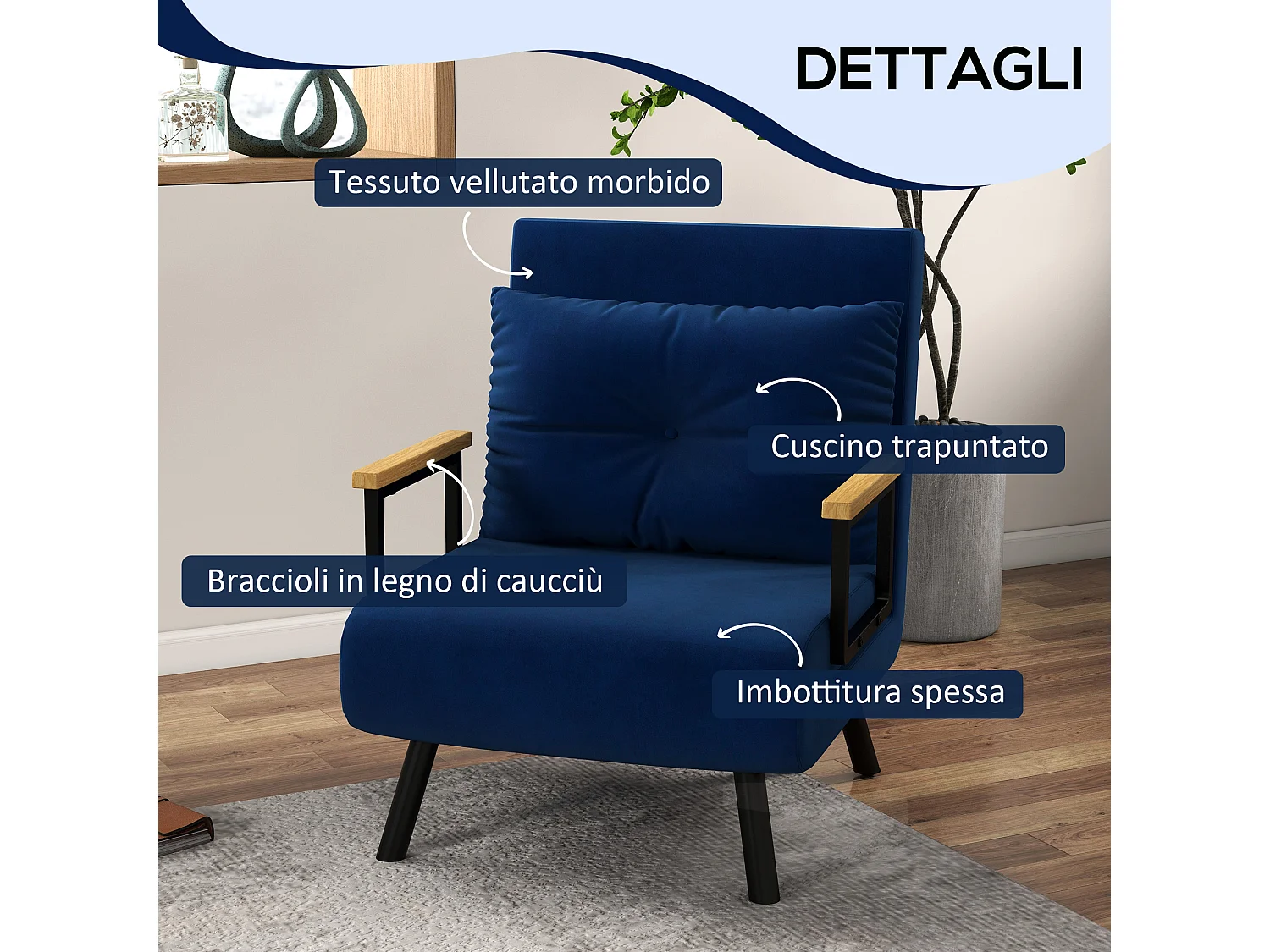 Poltrona letto 3 in 1 reclinabile con cuscino blu