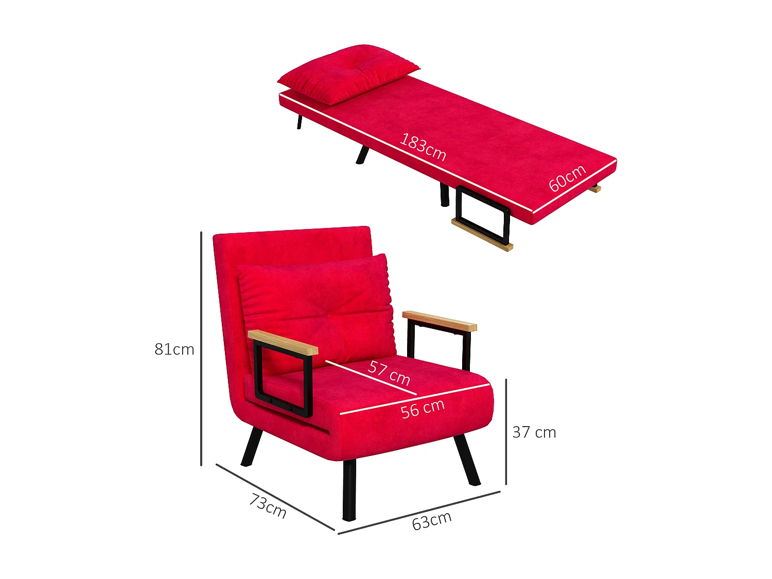 Poltrona letto 3 in 1 reclinabile con cuscino rosso