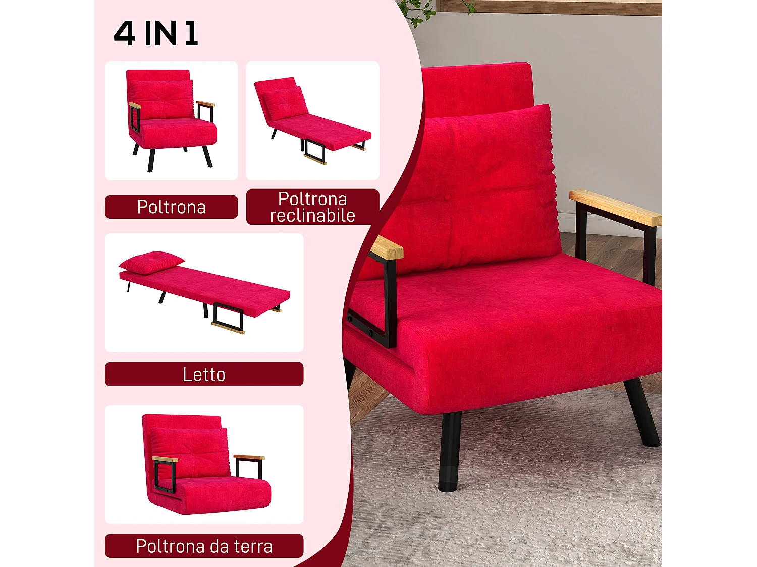 Poltrona letto 3 in 1 reclinabile con cuscino rosso