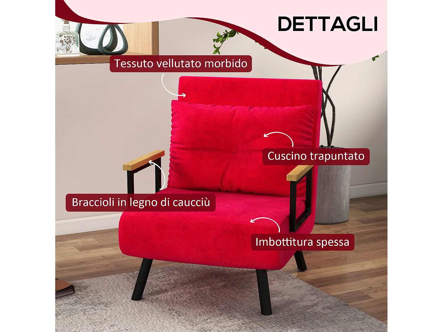 Poltrona letto 3 in 1 reclinabile con cuscino rosso