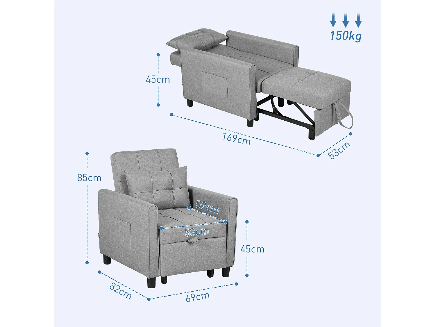 Poltrona letto singolo 3 reclinazioni con cuscino extra grigio chiaro