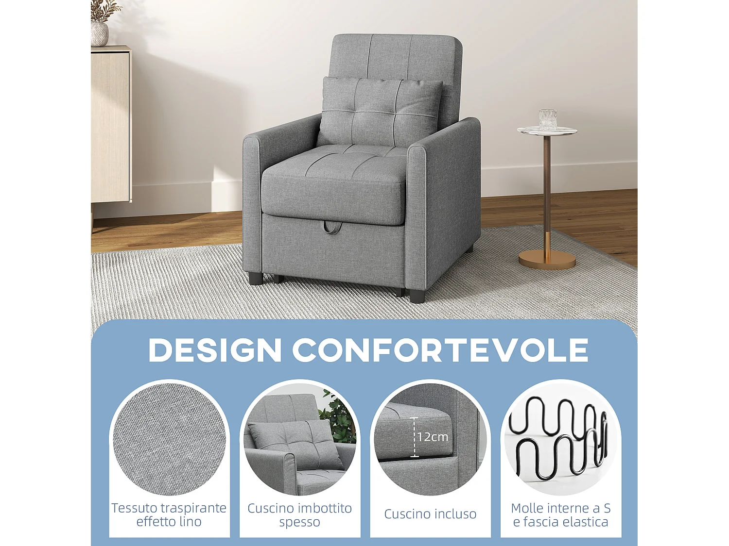 Poltrona letto singolo 3 reclinazioni con cuscino extra grigio chiaro