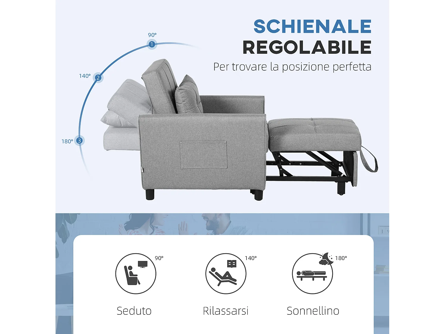 Poltrona letto singolo 3 reclinazioni con cuscino extra grigio chiaro