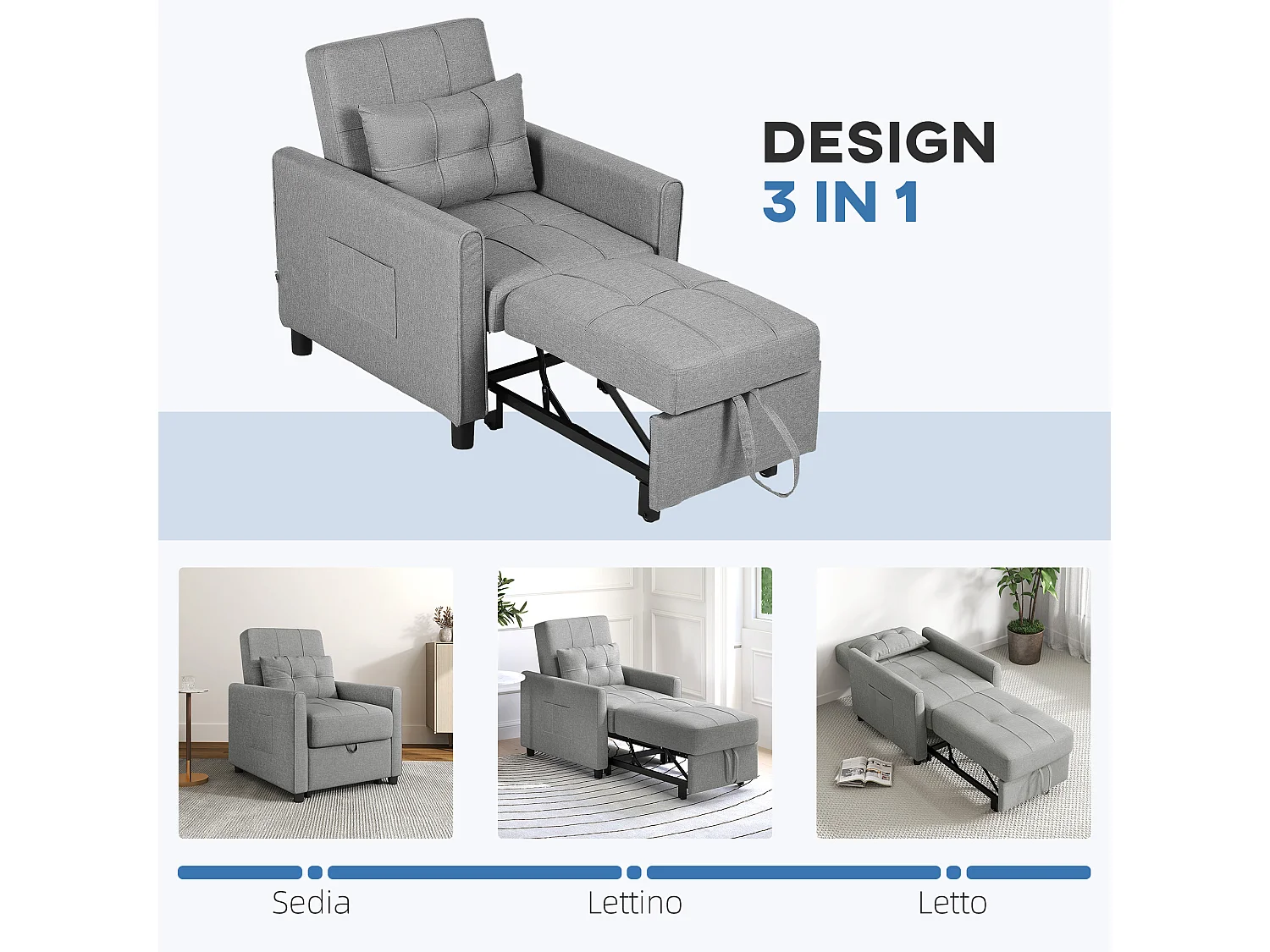 Poltrona letto singolo 3 reclinazioni con cuscino extra grigio chiaro